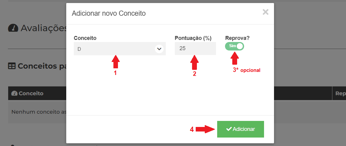 Cadastrando conceito na disciplina