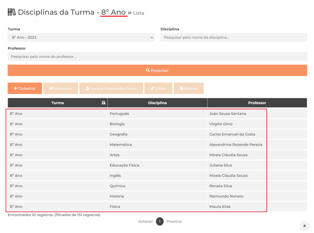 Lista de Disciplinas da Turma - Para copiar