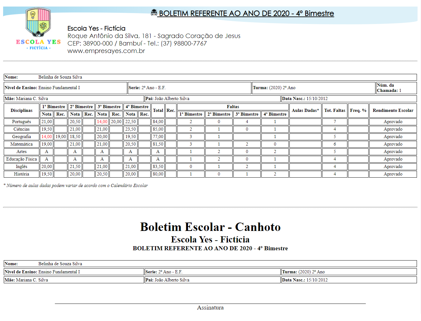 Modelo de boletim - Ensino Fundamental